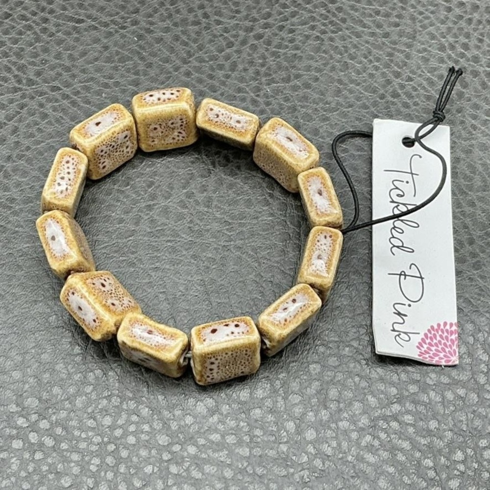Tickled Pink Stretch Bracelet Square Beads Tan Brown Cream Boho Speckled Chunky